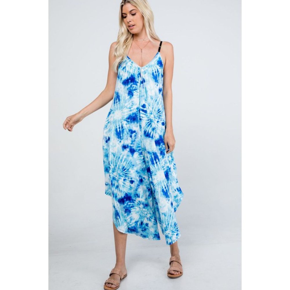 Tie Dye Blue/White V-Neck Jumpsuit with Pockets - Picture 2 of 7